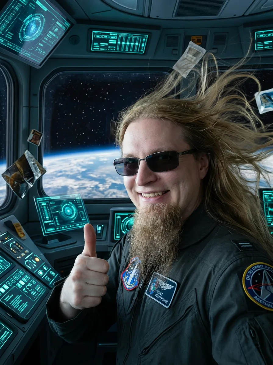 Generated with nano banana 2 inside Lyric Video Studio. Long haired man in space ship